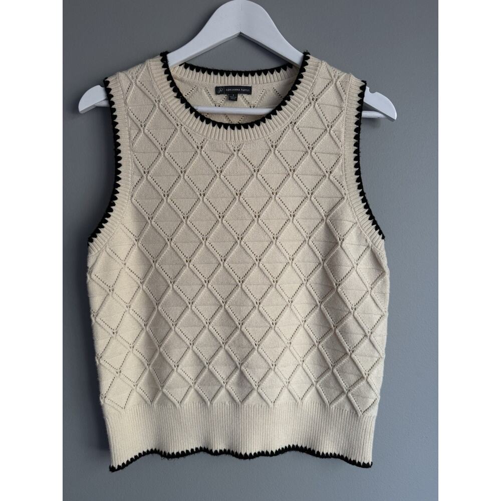 Adrianna Papell Vest Cream Black Trim Diamond Knit Size S Old Money Preppy
